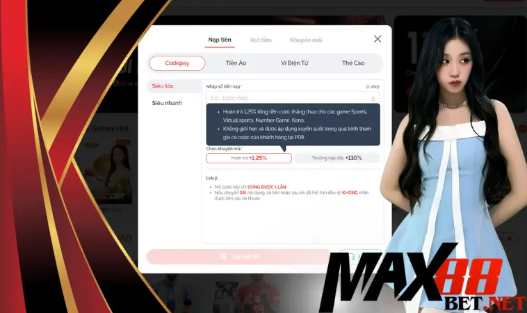 Max88 hoàn trả 1,25% không giới hạn vòng cược